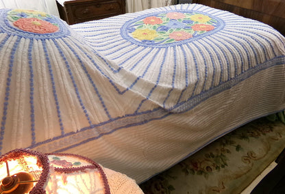 vintage full size chenille bedspread in blue & white colorful cameo starburst florals