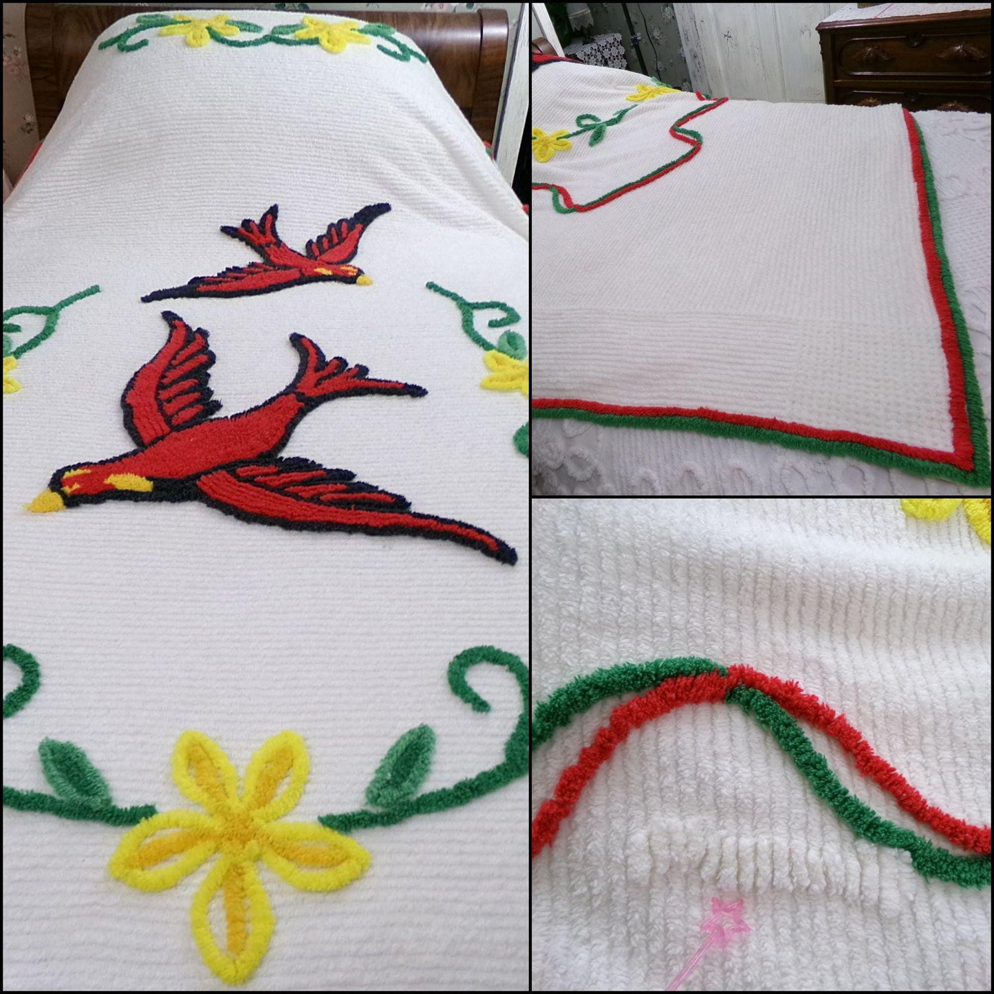 wings of love vintage chenille bedspread, majestic red cardinal birds in a garland of flowers, 100% soft cotton coverlet, full size bedding