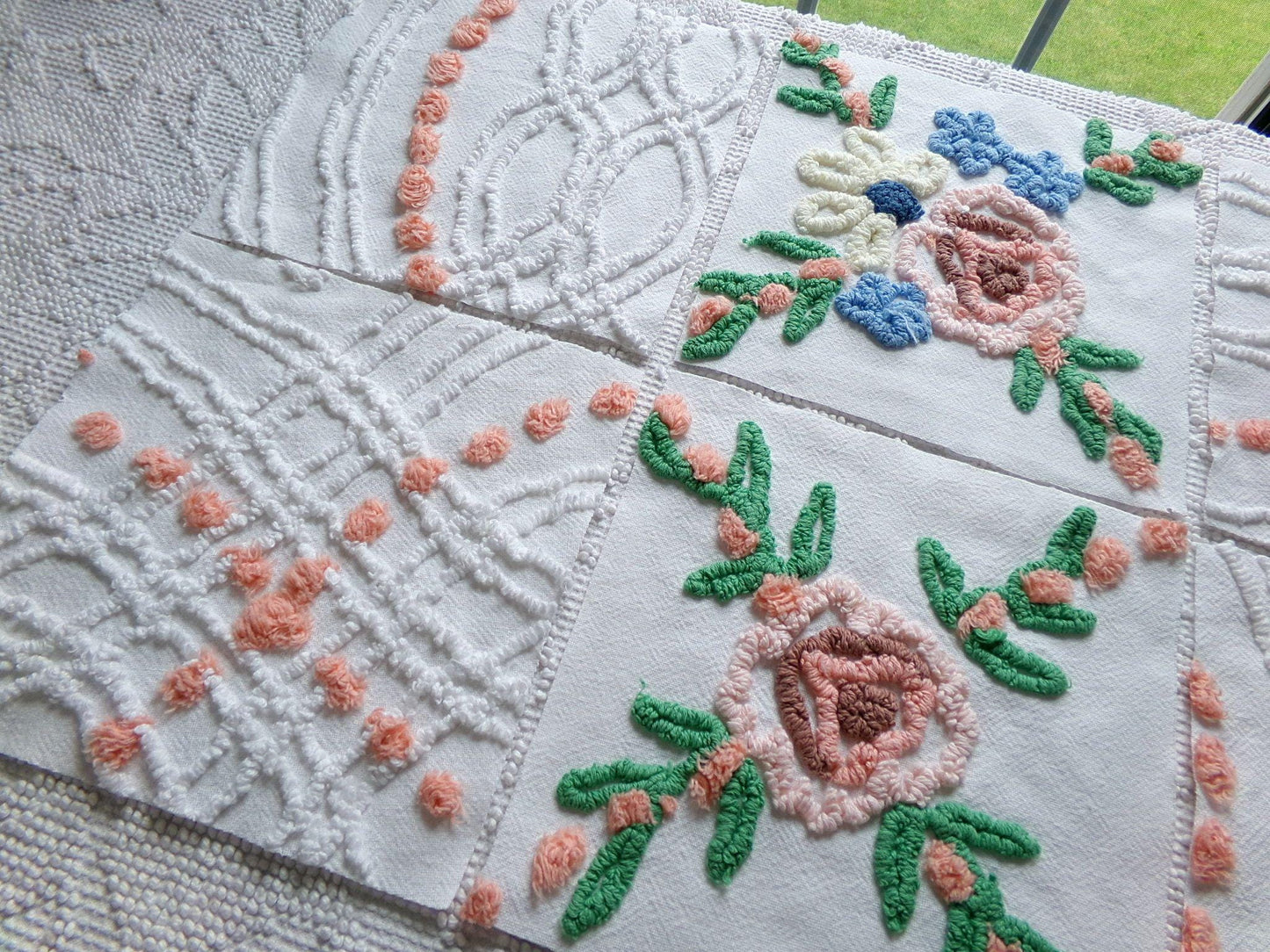 cottage style chenille fabric squares, set of 6 vintage 7.5" quilt blocks, peach, white rose floral & geometric for sewing, crafts, quilting