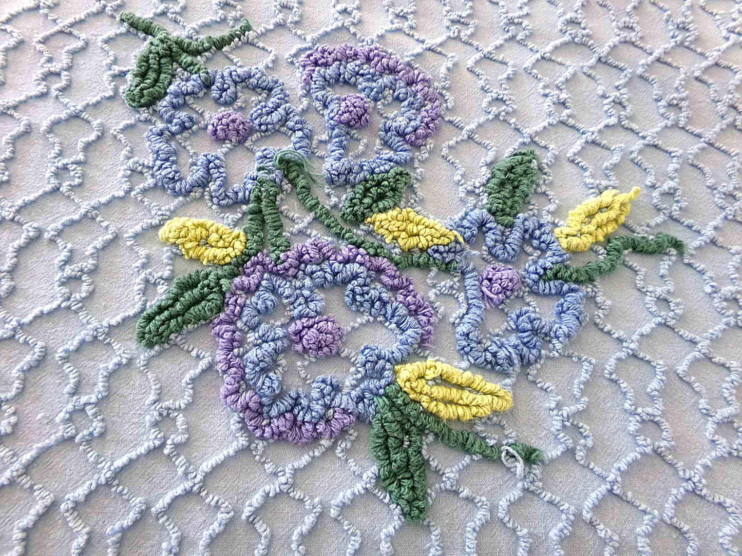 Evening Blue Floral Vintage Chenille Fabric in Chain Link Design with Tufted Flowers, 27" x 18" inch Piece, 100% Lightweight Cotton Material
