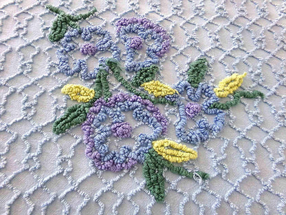 Evening Blue Floral Vintage Chenille Fabric in Chain Link Design with Tufted Flowers, 27" x 18" inch Piece, 100% Lightweight Cotton Material