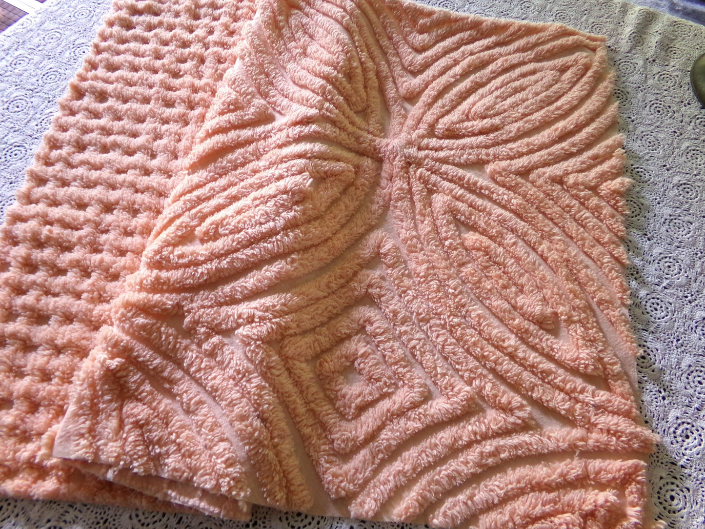 Plush Peach Glow Chenille Material, 20" x 32" inch Vintage Fabric Piece, Thickly Tufted Waffle Grid & Geometric Flower Petals