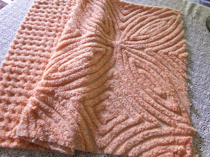 Plush Peach Glow Chenille Material, 20" x 32" inch Vintage Fabric Piece, Thickly Tufted Waffle Grid & Geometric Flower Petals