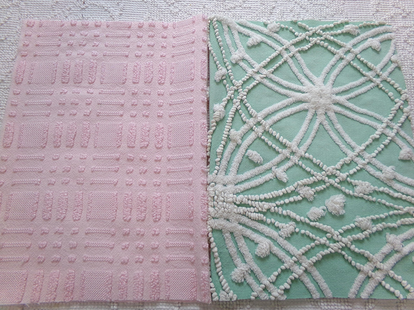 Vintage Chenille Fabric: 2 Pieces Quilt Material 12" x 18" each in Jade Green Tufts & Ballet Pink Dash Dots