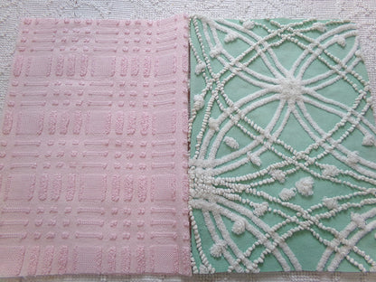Vintage Chenille Fabric: 2 Pieces Quilt Material 12" x 18" each in Jade Green Tufts & Ballet Pink Dash Dots