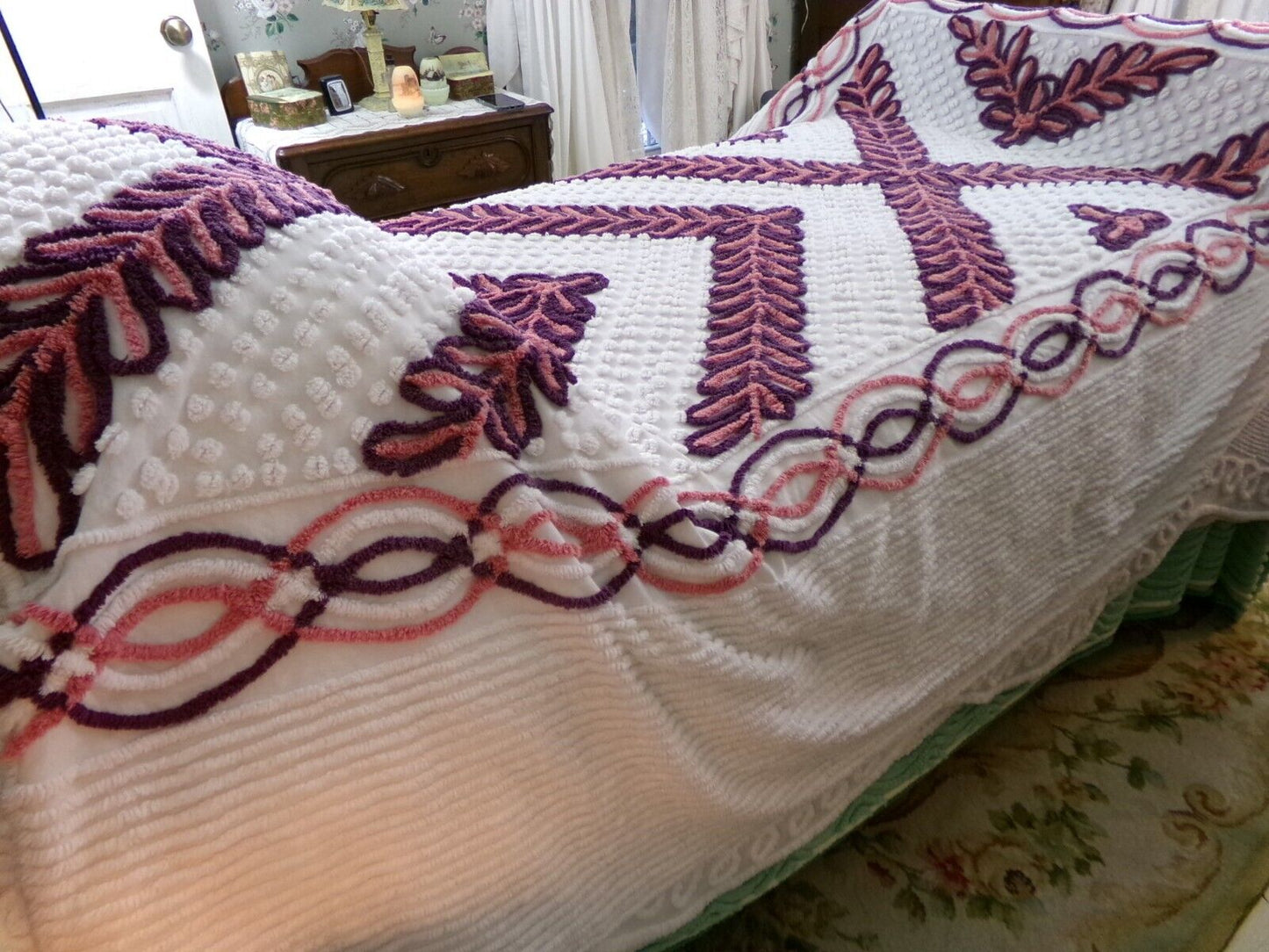 Vintage chenille bedspread sunkissed burgundy frost & burnt umber laurel leaf, twin