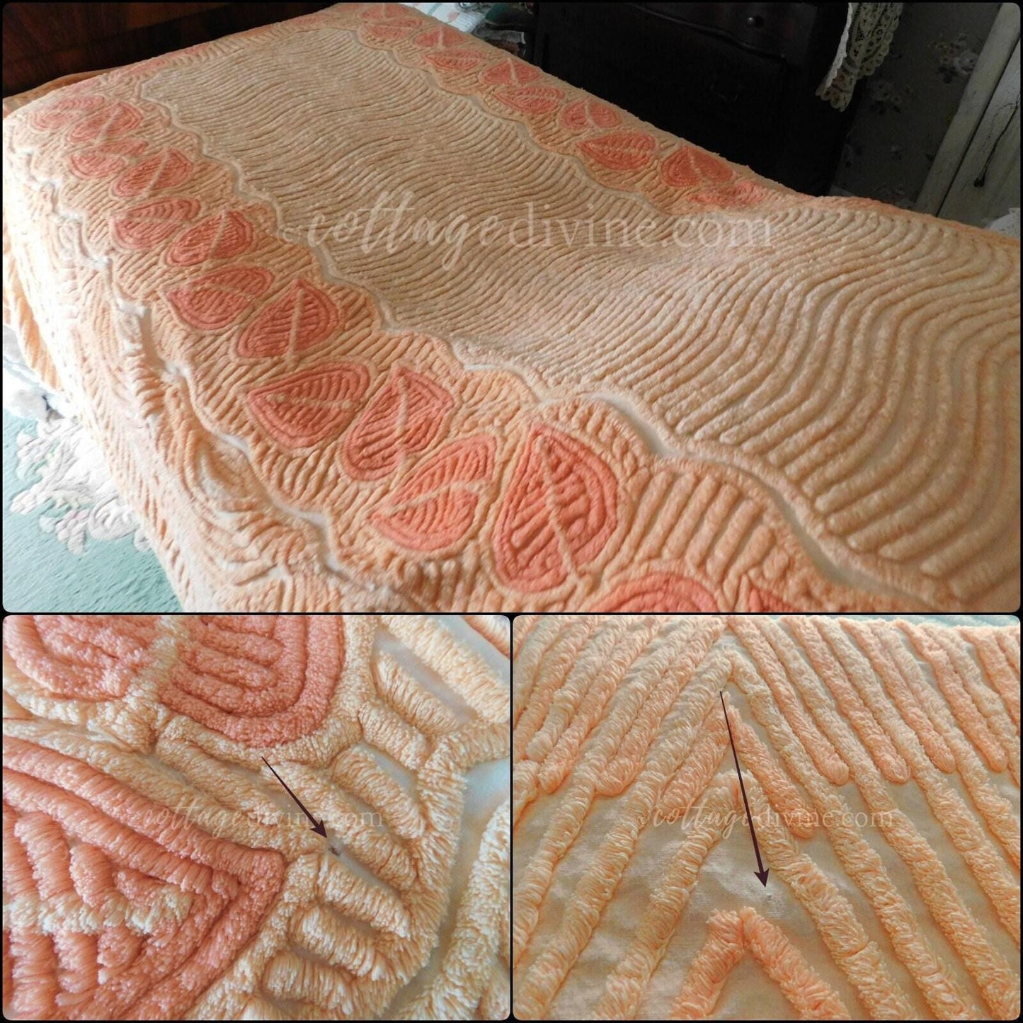 Fancy Falling Leaves Vintage Cozy Peach Chenille Bedspread, 1940s Era Cotton, Twin Size