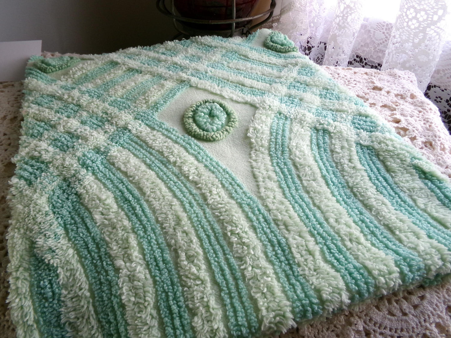 Retro Two Tone Shamrock Green Vintage Chenille Fabric Material, 18" x 31" inch Piece, Donut Dots, Long Tonal Stripes