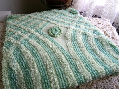 Retro Two Tone Shamrock Green Vintage Chenille Fabric Material, 18" x 31" inch Piece, Donut Dots, Long Tonal Stripes