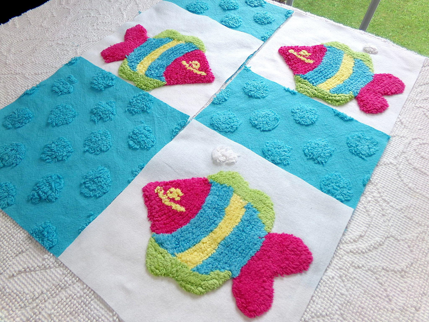 fish fiesta chenille fabric squares, set of 6 large 9.5" square quilt blocks, colorful fishies & bright coin dots