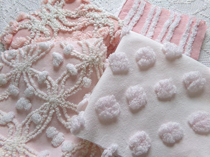 love pink chenille fabric squares, set of 4 texturized vintage large quilt blocks 12" inches ea, spider ring, pops, stripes, infinity tuft