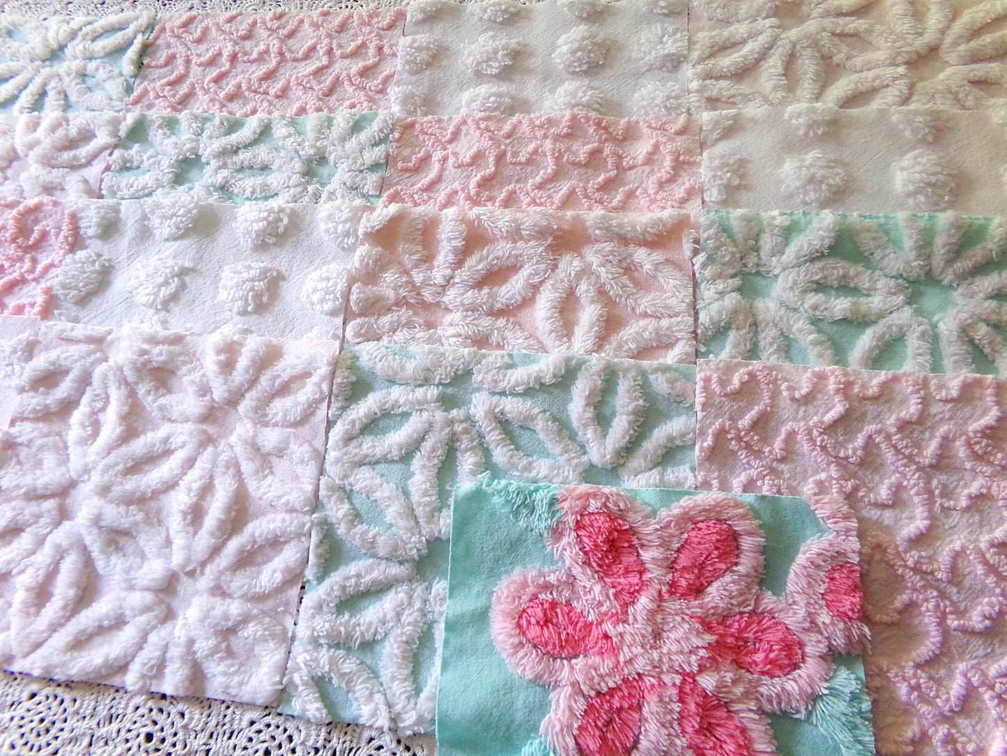 cottage chic 6" chenille squares, set of 17 aqua, pink & white quilt blocks cut from vintage chenille bedspread fabrics, daisies 'n dots