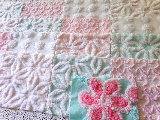 cottage chic 6" chenille squares, set of 17 aqua, pink & white quilt blocks cut from vintage chenille bedspread fabrics, daisies 'n dots