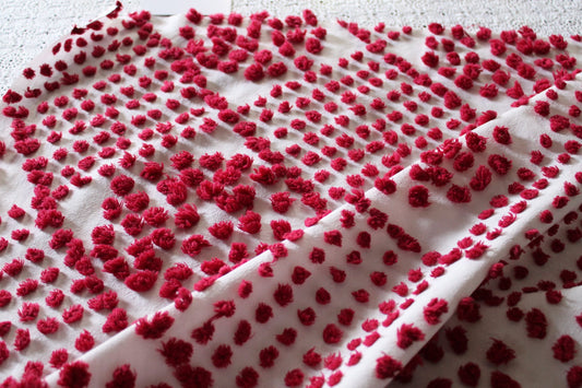 Fabulous Red Wine Vintage Chenille FABRIC PIECE, 21" x 27" inches, Handtufted Diamond Circle Puffs