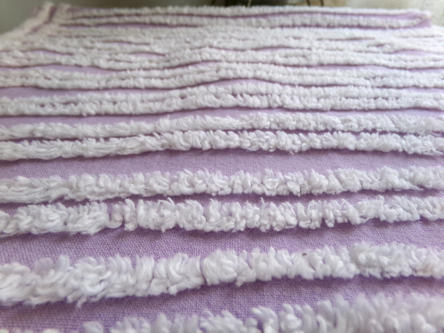 easter lilac chenille fabric, white tufted stripes on purple, 15.5" x 27" inch piece cut from vintage chenille bedspread