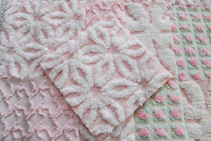 fairy pink chenille fabric squares, cottage rosebud & daisy, 16 vintage quilt blocks 6" x 6" inch, for patchwork pillows, quilting, crafts