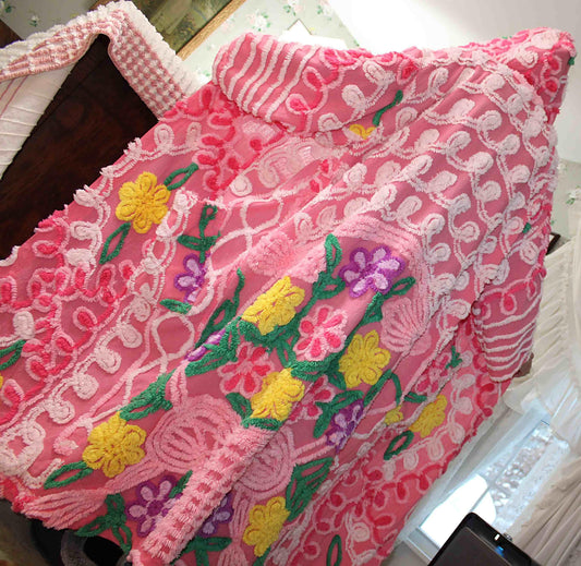 Pink Pizzazz HOODED Chenille Robe, Colorful Lightweight Bathrobe Upcycled from Vintage Chenille Bedspread in Happy Colors, Medium Large