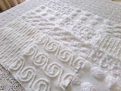serene snowfall vintage chenille fabric squares, set of 16 white 6" quilt blocks, upcycle in handmade quilts, sewing projects