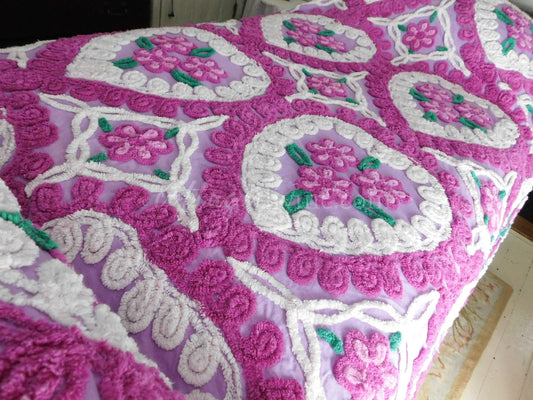 Vintage Chenille Bedspread, Lavender Hearts Hugging Flower Trios in Swirls of Fluffy Tufts, Full Size 1950s Midcentury Design, 100% Cotton
