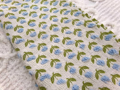 Tulip Garden Vintage Chenille Bedspread Fabric, Little Blue Flowers & Green Leaves, 12" x 24" inch Piece, Sewing Material for Quilts, Crafts
