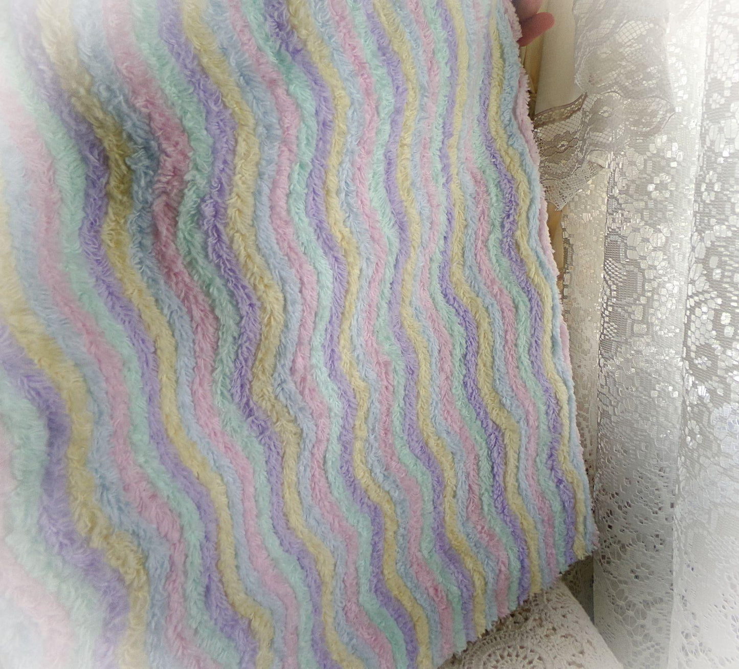 Pastel Rainbow Striped Chenille Fabric, Vintage Lilac, Yellow, Mint Green, Sky Blue & Pink Ripple 18" x 24" piece, sewing quilt material