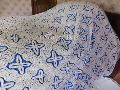 Gothic Cobalt Blue Chenille Bedspread, Hofmann Vintage Full Size Bedding, 100% cotton