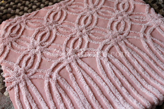 Beautiful Rosy Vintage Chenille Fabric Piece, 24" x 25" inches, Old Fashioned Wedding Rings & Cathedral Stripes