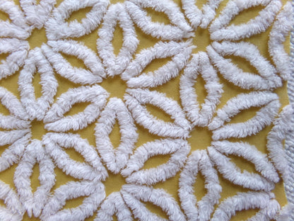 boho style vintage chenille fabric, white daisy on harvest gold, 20" x 24" inch piece of cotton sewing material for quilting & crafts