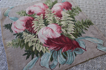 Divine Feathery Pink Plume Vintage Barkcloth Fabric, 19" x 19" inch Piece, Botanical Floral Print on Cool Grey, Great for DIY Pillows