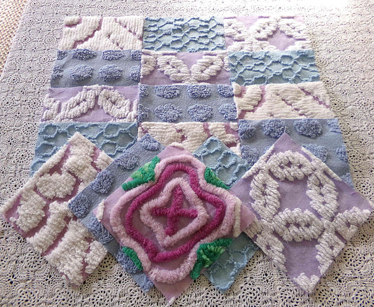 sleep sweetly chenille fabric squares, calming blue, lilac & white, 17 vintage quilt blocks 6" x 6" inch, for pillows, quilting, crafts