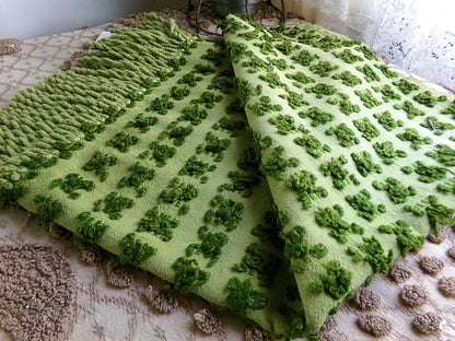 Hippie Chic Vintage Green Rosebud Chenille Fabric, 18" x 24" inch Piece, Boho Fabulous Tonal Roses