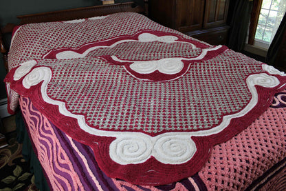 Plush Luxury Chenille Bedspread, Exceptional Vintage Bedding in Ice Grey, Berry Red & Dove Gray, Heavyweight FULL Size Bedding