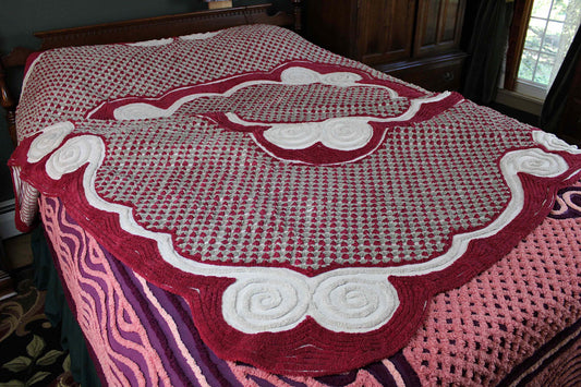 Plush Luxury Chenille Bedspread, Exceptional Vintage Bedding in Ice Grey, Berry Red & Dove Gray, Heavyweight FULL Size Bedding