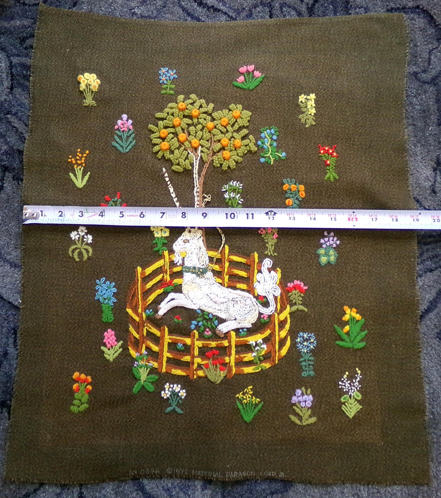 Unicorn in Captivity Completed Crewel Embroidery, Paragon 0846 Stitchery, Medieval Old World Tapestry Style Adaptation