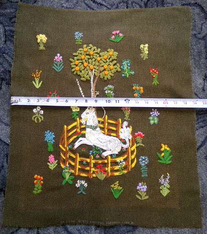 Unicorn in Captivity Completed Crewel Embroidery, Paragon 0846 Stitchery, Medieval Old World Tapestry Style Adaptation