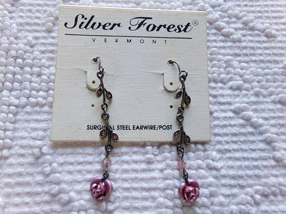 Simple Pink Rose Dangle Pierced Earrings, Vintage Silver Forest Boho Style Jewelry, Dainty Floral With Pink Faux Stones in Little Leaves