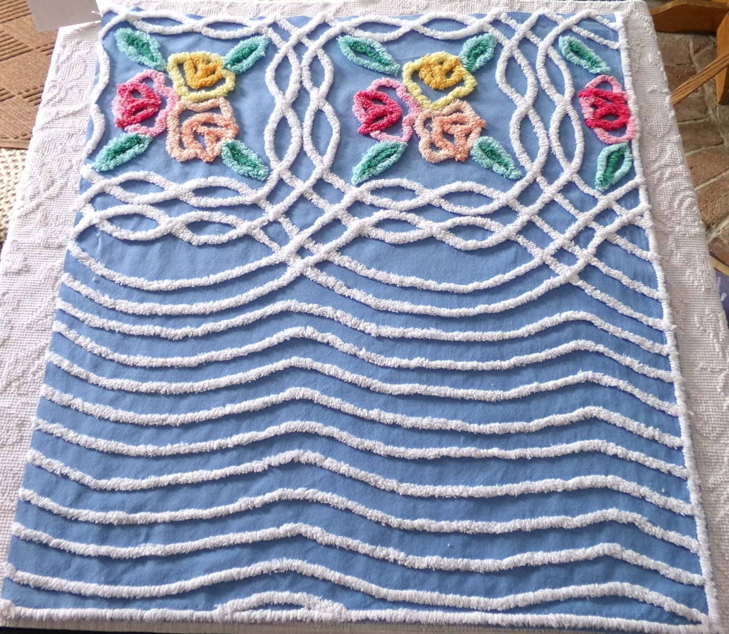 Seaside Summer Florals Blue Vintage Chenille Fabric, Pretty 30" x 26" inch piece