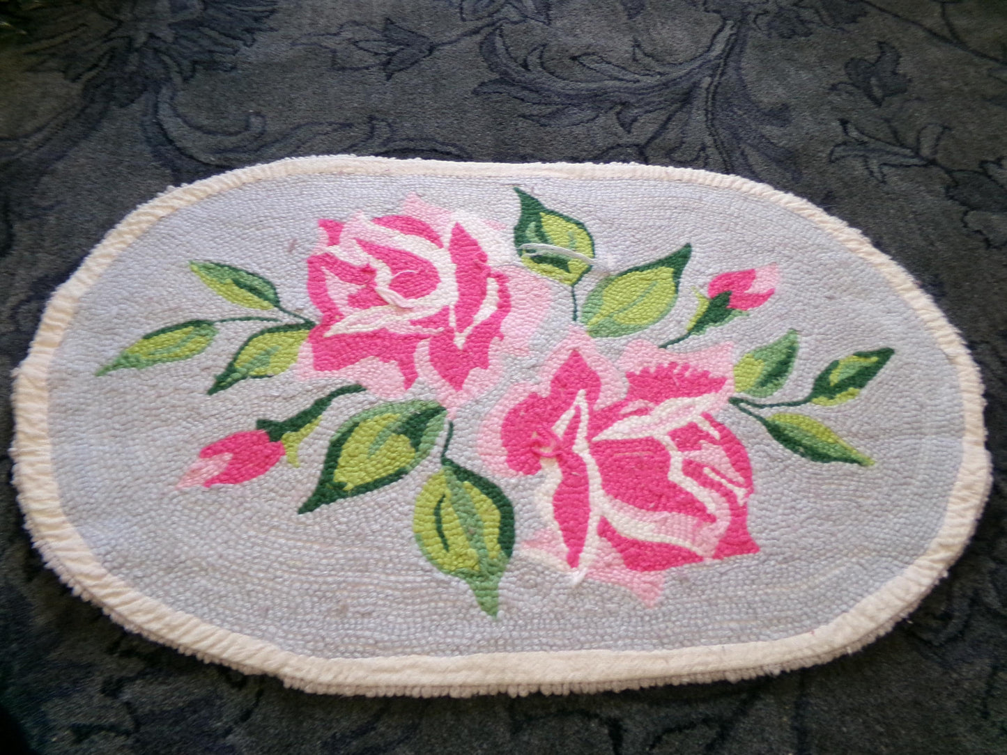 Cottage Shabby Vintage Oval Chenille Rug, Pink Roses on Grey, 20" x 33" Inches, Handmade Small Accent Mat, Cotton