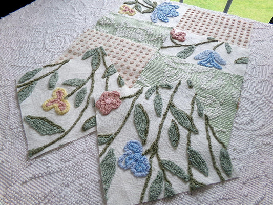 mystic fairy garden chenille fabric squares, set of 8 vintage 7.5" quilt blocks, neutrals & chic florals, for sewing, crafts, quilting