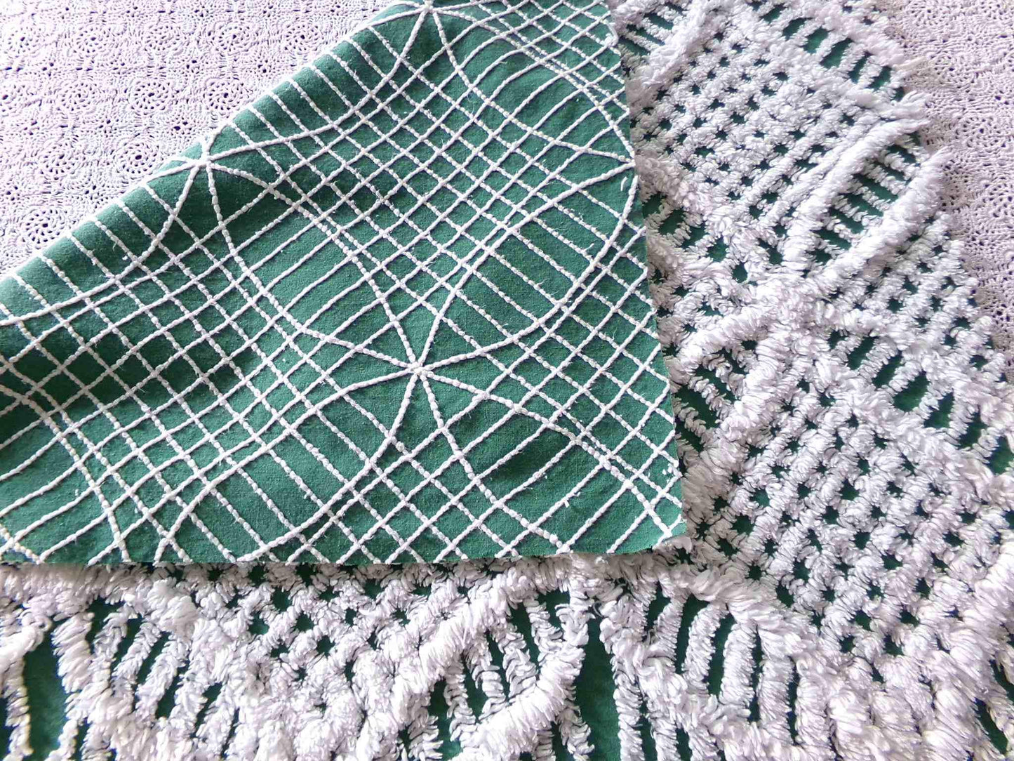Rich Green Vintage Chenille Fabric, 20" x 24" inch Piece, Plush White Wedding Ring Geometric Design