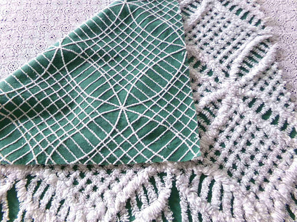 Rich Green Vintage Chenille Fabric, 20" x 24" inch Piece, Plush White Wedding Ring Geometric Design
