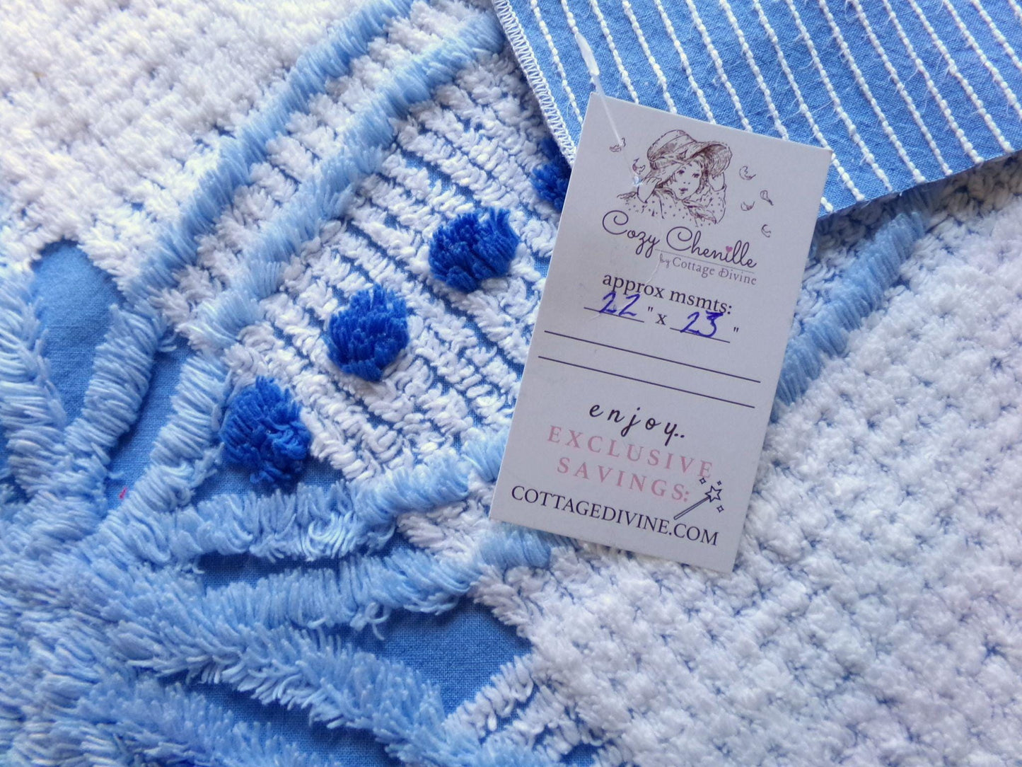 mystic coastal blue & white vintage chenille fabric, starburst geometric pattern, 22" x 23" inch piece of unique cotton sewing material