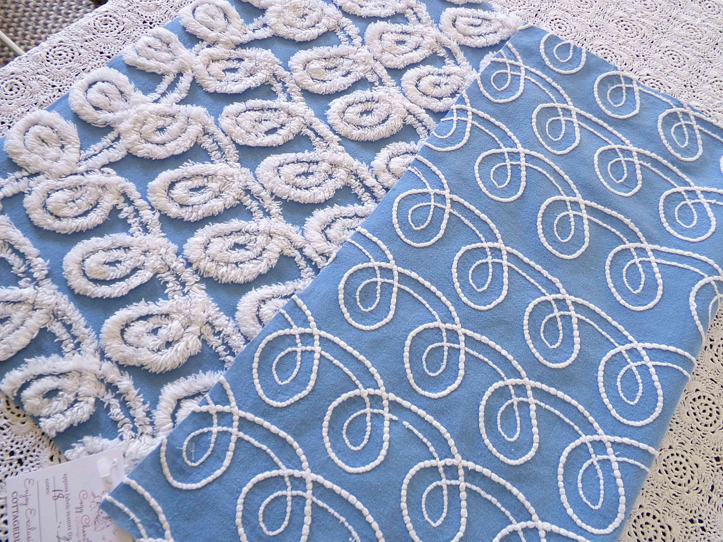 White & Blue Chenille Fabric, Soft Curlicue Swirls, 18" x 26" inch Piece, Vintage Cotton Material for Quilting, Crafts