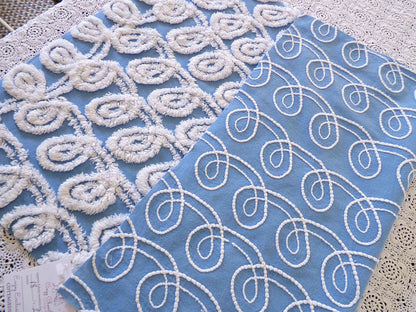 White & Blue Chenille Fabric, Soft Curlicue Swirls, 18" x 26" inch Piece, Vintage Cotton Material for Quilting, Crafts