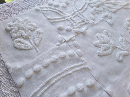 vintage 6" chenille fabric squares, "whispers of white" set of 16 quilt blocks in florals & geometrics