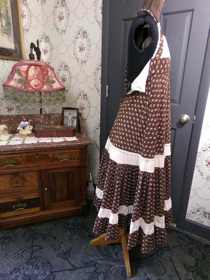 Vtg Gunne Sax Halter Dress Rare Brown Oak Acorn Print Boho Prairie Sundress