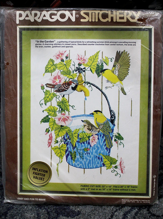 IN THE GARDEN Vtg Crewel Embroidery Kit Song Birds Floral Paragon Stitchery 0946