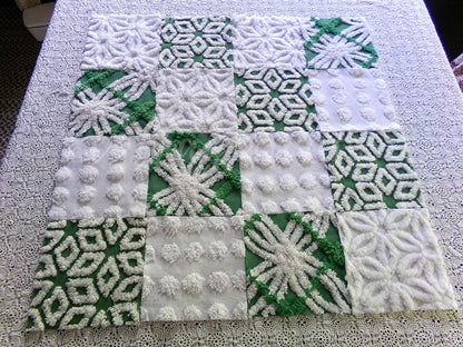 winter's enchantment vintage chenille fabric squares, set of 16 green & white quilting blocks, 6" each for patchwork pillows, quilt inlays