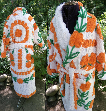 Plush & Warm Women's Chenille Robe, "Citrus Dreams" Bathrobe Upcycled from Vintage Chenille Bedspread Fabrics, Size L XL 1X