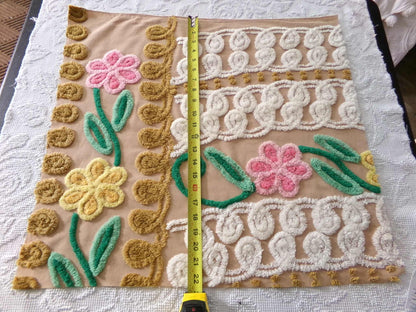 Shabby Cute Caramel Curlicue Floral Vintage Chenille Fabric, 21" x 24" inch Piece, Boho Sewing Material for Pillows, Wall Hangings, Crafts